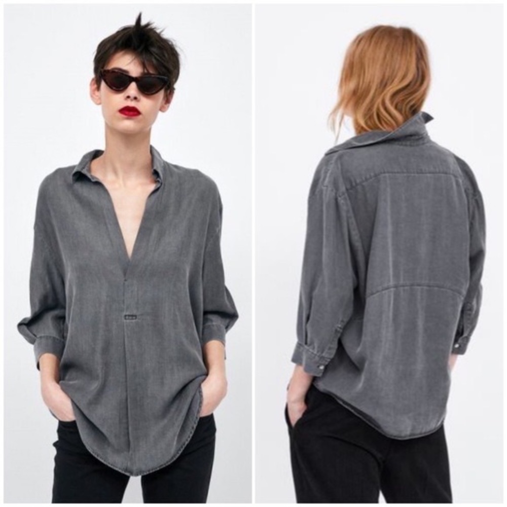 Zara Woman 100% Lyocell Flowing V Neck Shirt size S